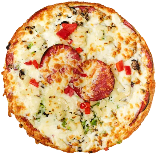 Round pizza topped with melted cheese, salami slices, diced red pepper, pineapple pieces, mushrooms and green herbs