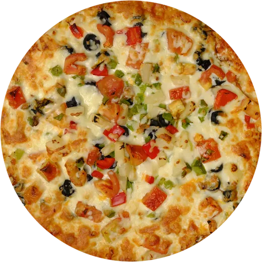 Overhead view of a whole pizza with melted cheese, tomatoes, red and green peppers, black olives and onions on a black