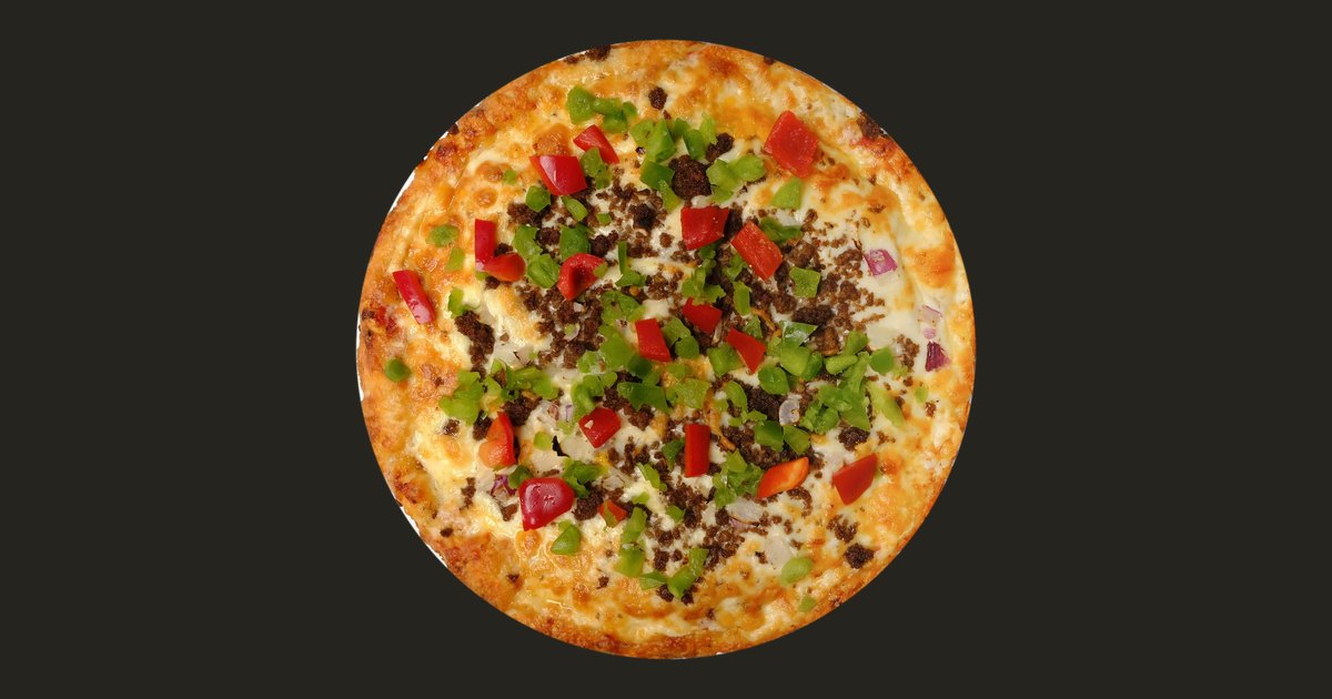 Pizza with peppers and meat | Viva Sue Pizza | Best Pizzas in Burnaby Round pizza topped with melted cheese, crumbled meat, diced green and red peppers and red onion on a black background