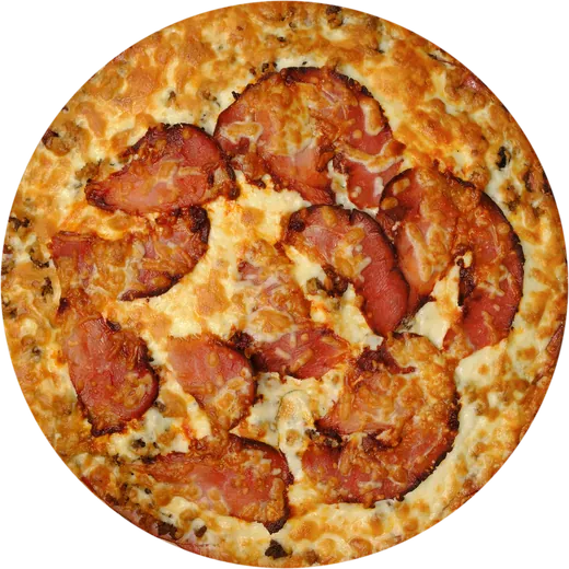 Overhead view of a round pizza topped with slices of browned ham or smoked meat over golden melted cheese at Viva Sue Pizza